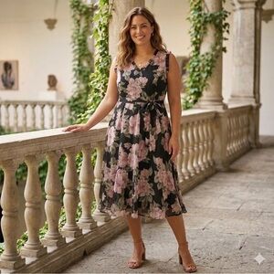 Emma & Michele Black Midi Dress with Pink Floral Print